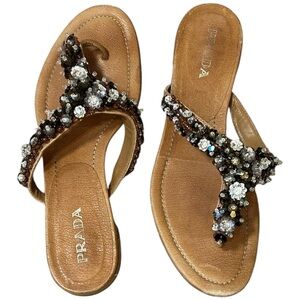 Prada Women's Leather Tan and Brown Beaded Sandals size EU 38 US 8